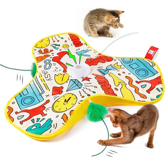 Potaroma Interaktives Katzenspielzeug mit Federautomatik - Wiederaufladbar, berührungsaktiviert mit Mausgeräuschen, ideales Bewegungsspielzeug für aktive Wohnungskatzen Graffiti-Hülle