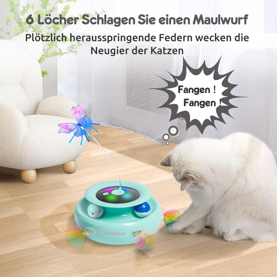 GoldenSun 3 in 1 Katzenspielzeug, Interaktives Elektrisch Automatischer Spielzeug für Katzen, Whack-A-Mole, Fluttering Butterfly, inklusive Ball, USB Wiederaufladbar Katzen Teaser mit 4 Aufsätzen