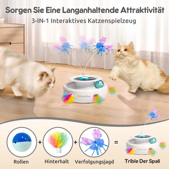 GoldenSun Katzenspielzeug, 3 in 1 Elektrisch Interaktives Automatischer Spielzeug für Katzen, Whack-A-Mole, Fluttering Butterfly, inklusive Ball, USB Wiederaufladbar Katzen Teaser mit 4 Aufsätzen