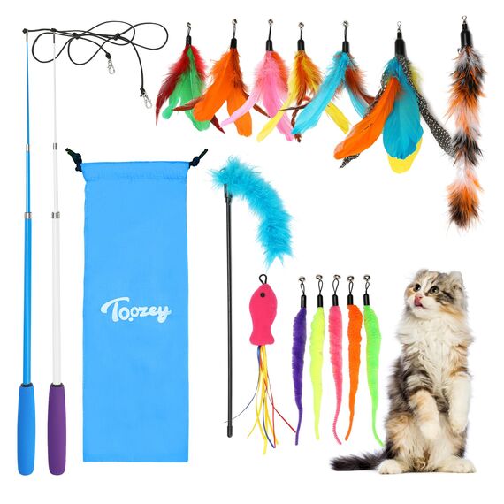 Toozey Katzenspielzeug 16 Stück, Katzen Spielzeug mit 2 STK versenkbare interaktive Katzenangel und 14 STK Feder/Bug/Fisch Ersatz mit Glocken, Bonus Aufbewahrungstasche