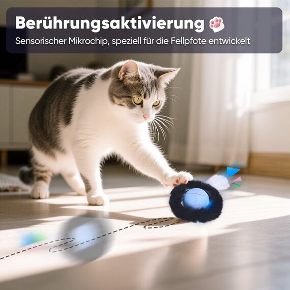 GoldenSun Katzenspielzeug, Bewegungs-Zwitscher-aktivierte Bewegung, Einzelnes Katzenballspielzeug, Blau mit Schwarzem Gummiband und Einem Wollzubehör