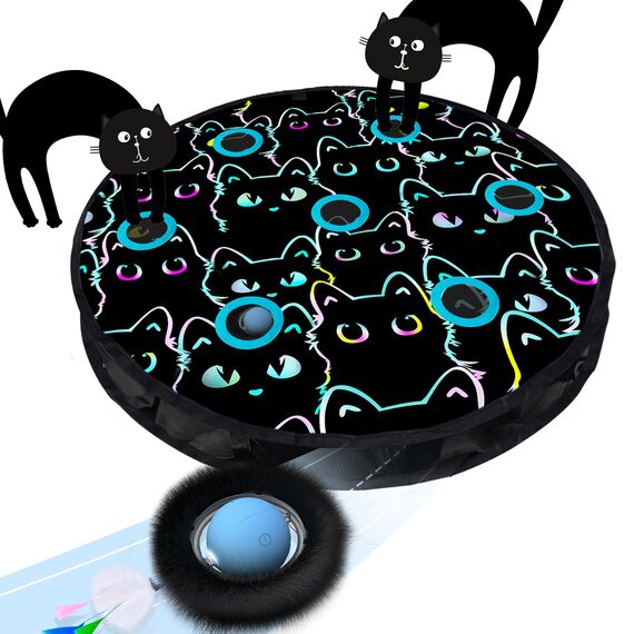 GoldenSun Katzenspielzeug, Bewegungs-Zwitscher-aktivierter Beweglicher Ball, Maus-Fangspiel Blau, 7-Loch-Versteckspiel für Katzen im Innenbereich, Schwarzes MIAU