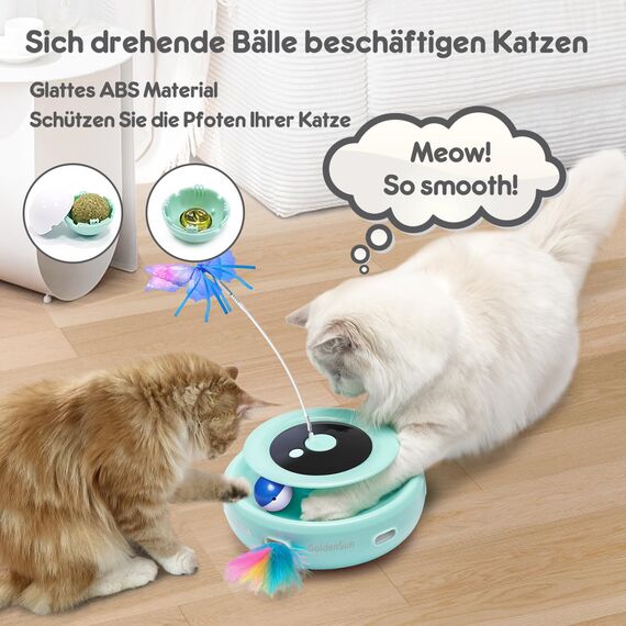 GoldenSun 3 in 1 Katzenspielzeug, Interaktives Elektrisch Automatischer Spielzeug für Katzen, Whack-A-Mole, Fluttering Butterfly, inklusive Ball, USB Wiederaufladbar Katzen Teaser mit 4 Aufsätzen