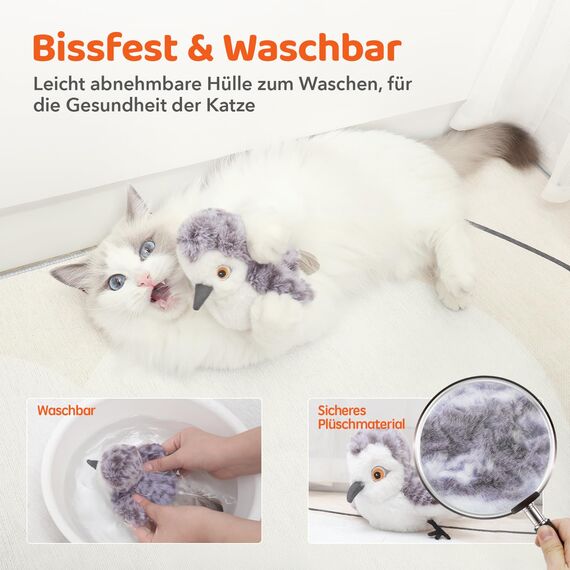 Potaroma Katzenspielzeug – Flatternder Vogel, realistischer Sandläufer mit Zwitscherlaut, wiederaufladbares, berührungsaktiviertes interaktives Spielzeug mit Katzenminze, 10,2 cm