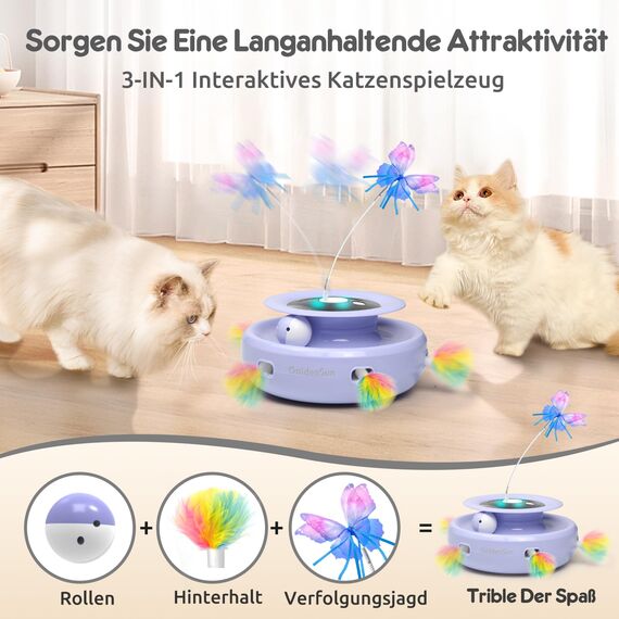 GoldenSun 3 in 1 Interaktives Katzenspielzeug, Elektrisch Automatischer Spielzeug für Katzen, Whack-A-Mole, Fluttering Butterfly, inklusive Ball, USB Wiederaufladbar Katzen Teaser mit 4 Aufsätzen