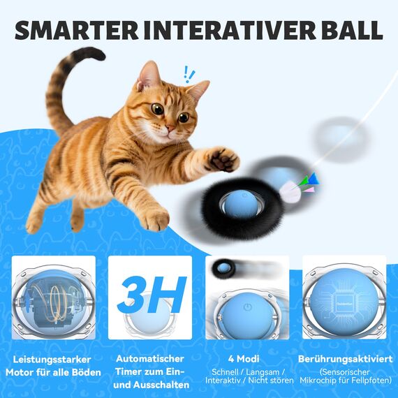 GoldenSun Katzenspielzeug, Bewegungs-Zwitscher-aktivierter Beweglicher Ball, Maus-Fangspiel Blau, 7-Loch-Versteckspiel für Katzen im Innenbereich, Schwarzes MIAU