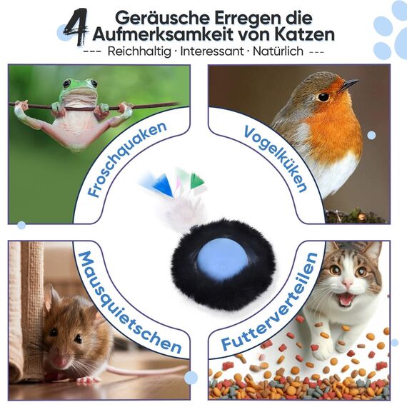 GoldenSun Katzenspielzeug, Bewegungs-Zwitscher-aktivierte Bewegung, Einzelnes Katzenballspielzeug, Blau mit Schwarzem Gummiband und Einem Wollzubehör