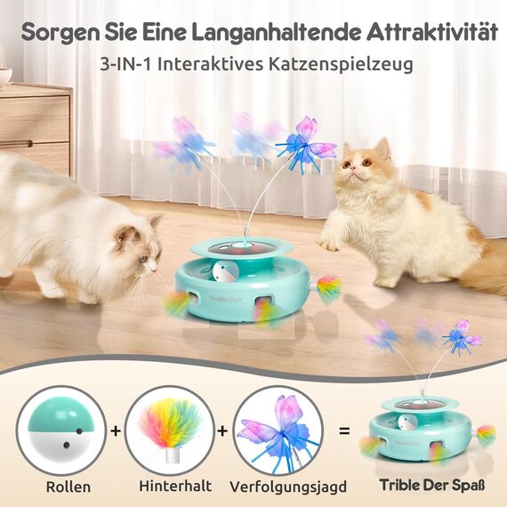 GoldenSun 3 in 1 Katzenspielzeug, Interaktives Elektrisch Automatischer Spielzeug für Katzen, Whack-A-Mole, Fluttering Butterfly, inklusive Ball, USB Wiederaufladbar Katzen Teaser mit 4 Aufsätzen