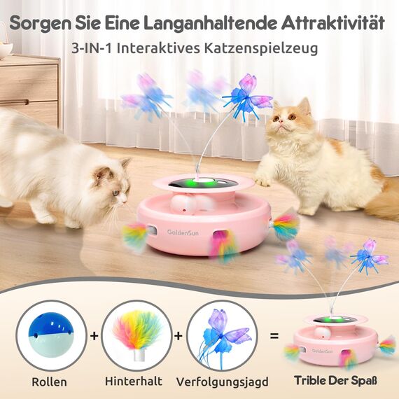 GoldenSun Katzenspielzeug, 3 in 1 Elektrisch Automatischer Spielzeug für Katzen, Interaktives Whack-A-Mole, Fluttering Butterfly, inklusive Ball, USB Wiederaufladbar Katzen Teaser mit 4 Aufsätzen