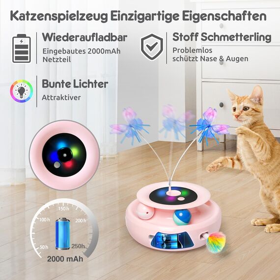 GoldenSun Katzenspielzeug, 3 in 1 Elektrisch Automatischer Spielzeug für Katzen, Interaktives Whack-A-Mole, Fluttering Butterfly, inklusive Ball, USB Wiederaufladbar Katzen Teaser mit 4 Aufsätzen