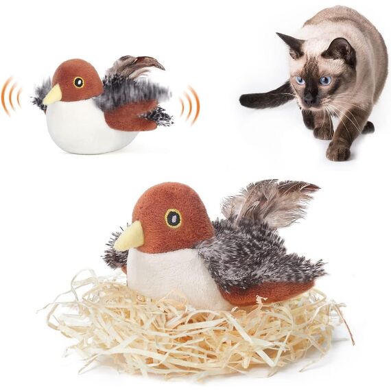 Potaroma Katzenspielzeug – Flatternder Spatz, realistische Zwitscherlaute, wiederaufladbar, berührungsaktiviert, interaktives Spielzeug mit Katzenminze für alle Katzenrassen, 10,2 cm
