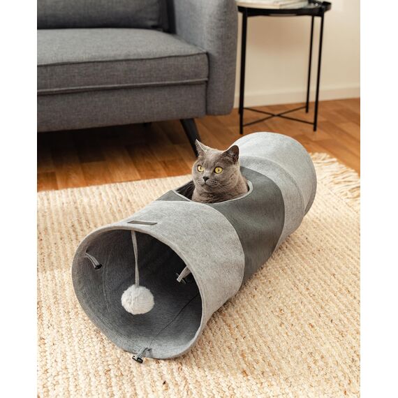 lionto Katzentunnel mit Spielball, 30x70 cm, Faltbarer erweiterbarer Spieltunnel aus pflegeleichtem Faux-Linen-Material für Katzen, Robustes Katzenspielzeug, 30 cm Durchmesser