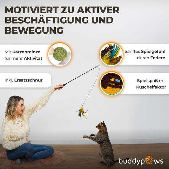 buddypaws® Katzenangel stabil mit 4 Anhängern & Katzenminze – Ausziehbar 42-104 cm – Flexibles Glasfasermaterial – Katzenspielzeug Set mit Ersatzschnur – Spielangel für Katzen - Cat Toys