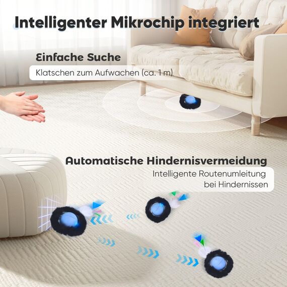 GoldenSun Katzenspielzeug, Bewegungs-Zwitscher-aktivierte Bewegung, Einzelnes Katzenballspielzeug, Blau mit Schwarzem Gummiband und Einem Wollzubehör