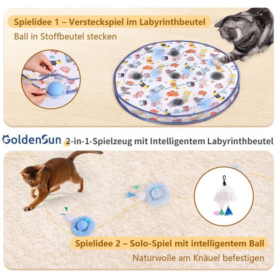 GoldenSun Katzenspielzeug, Bewegungs-Zwitscher-aktivierter Beweglicher Ball, Matten-Mäusefangspiel Blau, 5-Loch-Versteckspiel für Katzen im Innenbereich