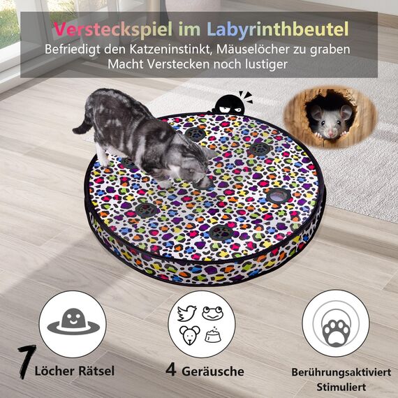 GoldenSun Katzenspielzeug, Katzenspielzeug Selbstbeschäftigung, Automatischer Schnellrollball im Beutel mit 7-Loch-Matte - Interaktives Spielzeug für Versteck- und Fangspiele