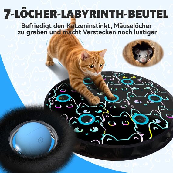 GoldenSun Katzenspielzeug, Bewegungs-Zwitscher-aktivierter Beweglicher Ball, Maus-Fangspiel Blau, 7-Loch-Versteckspiel für Katzen im Innenbereich, Schwarzes MIAU