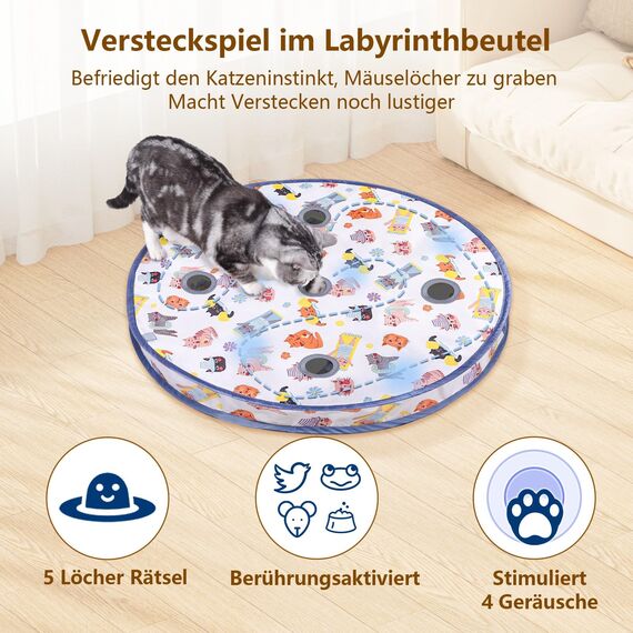 GoldenSun Katzenspielzeug, Bewegungs-Zwitscher-aktivierter Beweglicher Ball, Matten-Mäusefangspiel Blau, 5-Loch-Versteckspiel für Katzen im Innenbereich