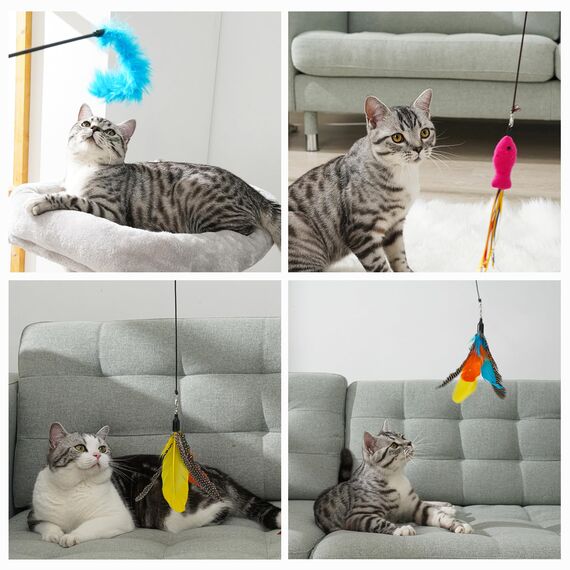 Toozey Katzenspielzeug 16 Stück, Katzen Spielzeug mit 2 STK versenkbare interaktive Katzenangel und 14 STK Feder/Bug/Fisch Ersatz mit Glocken, Bonus Aufbewahrungstasche