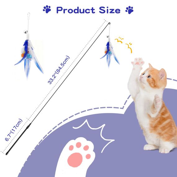 Pawaboo Katzenspielzeug - Interaktives Katzenangel Katze Spielzeug Katzen-Spielstab Katzenspielzeug-Stab mit Federn und 88cm Stab und Glocken für Kätzchen oder Katze, Blau