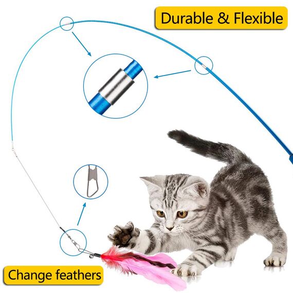 Interaktives Katzenspielzeug Spielzeug mit Federn, Teaser mit 2 Skalierbar Stangen 10 Katzenangel Ersatzfedern mit Anhänger Feder Glocke Befestigungen, Katzenspielzeug Set für Kätzchen und Katzen