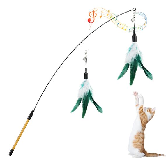 Pawaboo Katzenspielzeug - Interaktives Katzenangel Katze Spielzeug Katzen-Spielstab Katzenspielzeug-Stab mit Federn und 88cm Stab und Glocken für Kätzchen oder Katze, Weiß und Grün