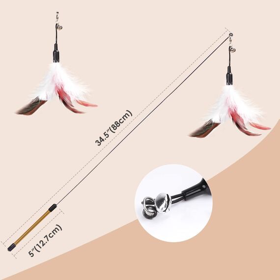 Pawaboo Katzenspielzeug - Interaktives Katzenangel Katze Spielzeug Katzen-Spielstab Katzenspielzeug-Stab mit Federn und 88cm Stab und Glocken für Kätzchen oder Katze, Weiß und Pink