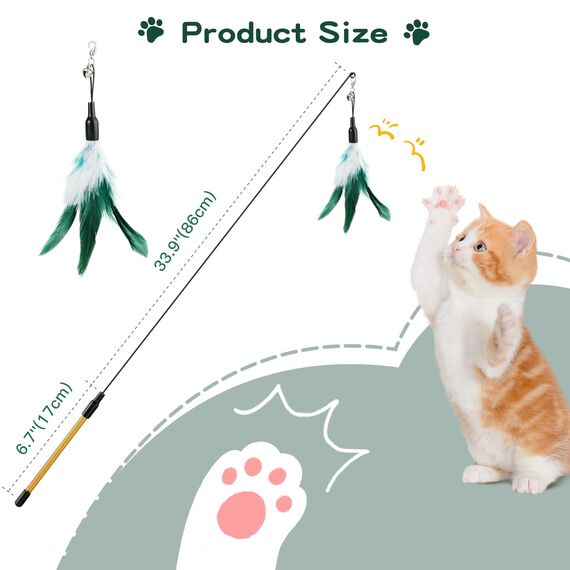 Pawaboo Katzenspielzeug - Interaktives Katzenangel Katze Spielzeug Katzen-Spielstab Katzenspielzeug-Stab mit Federn und 88cm Stab und Glocken für Kätzchen oder Katze, Weiß und Grün