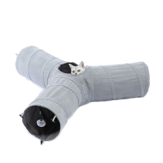 PAWZ Road schön Faltbar Katzentunnel Katzenspielzeug mit Ball Rascheltunnel für Katzen Welphln Kaninchenoder Kleintiere Grau