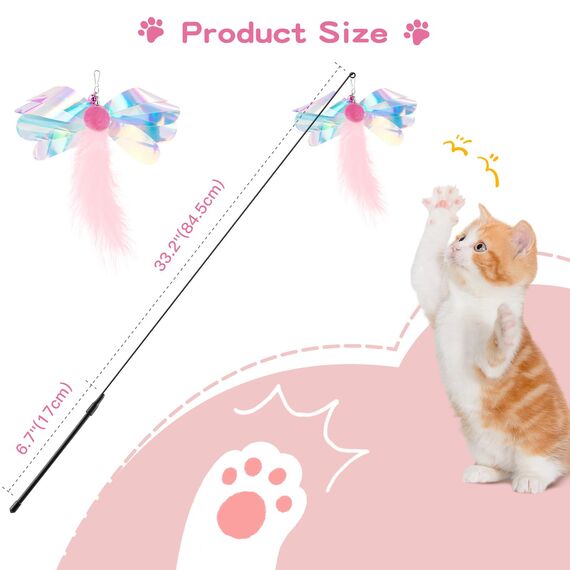 Pawaboo Katzenspielzeug - Interaktives Katzenangel Katze Spielzeug Katzen-Spielstab Katzenspielzeug-Stab mit Federn und 88cm Stab und Glocken für Kätzchen oder Katze, Rosa Schmetterling