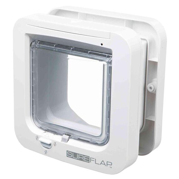 SureFlap Sure Petcare Mikrochip Katzenklappe, mit RFID-Halsbandanhänger und Mikrochip kompatibel, EIN-Tasten-Steuerung, zur Installation in Türen, Weiß, 4 AA Batterien erforderlich, Nicht enthalten
