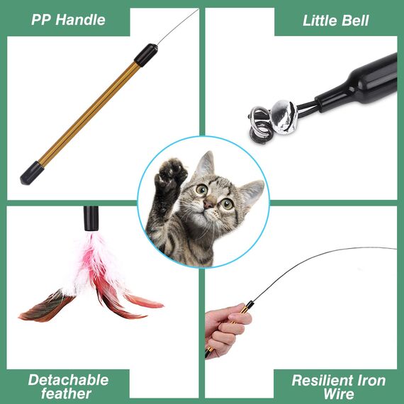 Pawaboo Katzenspielzeug - Interaktives Katzenangel Katze Spielzeug Katzen-Spielstab Katzenspielzeug-Stab mit Federn und 88cm Stab und Glocken für Kätzchen oder Katze, Weiß und Pink