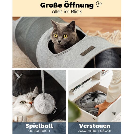 lionto Katzentunnel mit Spielball, 30x70 cm, Faltbarer erweiterbarer Spieltunnel aus pflegeleichtem Faux-Linen-Material für Katzen, Robustes Katzenspielzeug, 30 cm Durchmesser