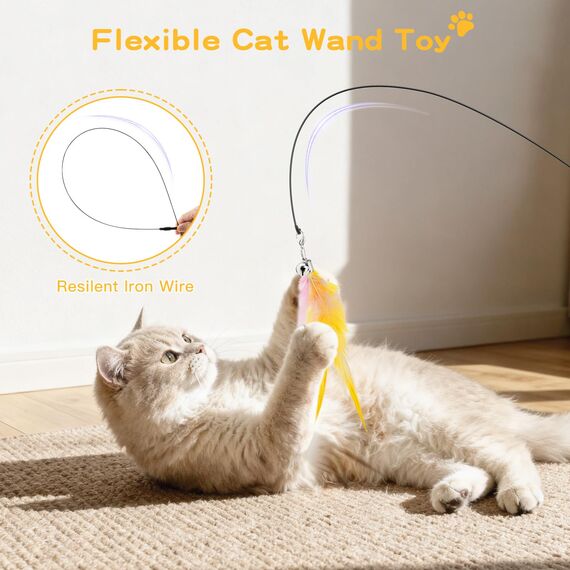Pawaboo Katzenspielzeug - Interaktives Katzenangel Katze Spielzeug Katzen-Spielstab Katzenspielzeug-Stab mit Federn und 88cm Stab und Glocken für Kätzchen oder Katze, Rosa+Weiß+Gelb