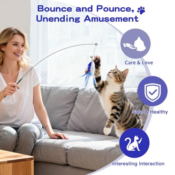 Pawaboo Katzenspielzeug - Interaktives Katzenangel Katze Spielzeug Katzen-Spielstab Katzenspielzeug-Stab mit Federn und 88cm Stab und Glocken für Kätzchen oder Katze, Blau