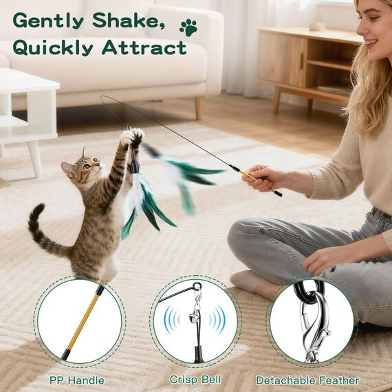 Pawaboo Katzenspielzeug - Interaktives Katzenangel Katze Spielzeug Katzen-Spielstab Katzenspielzeug-Stab mit Federn und 88cm Stab und Glocken für Kätzchen oder Katze, Weiß und Grün