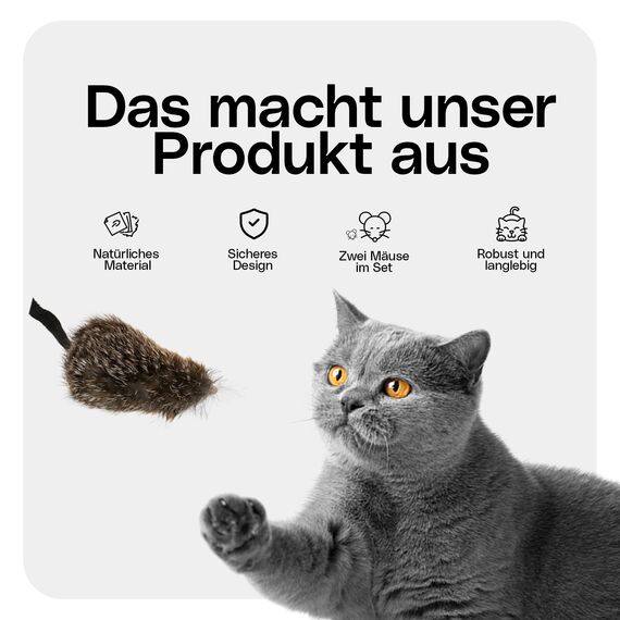 Fellefant Katzenspielzeug Mäuse aus echtem Hasenfell – 2´er-Set – Perfekt für das Ausleben des Jagdinstinkts und Spielspaß - ohne Kunststoffaugen