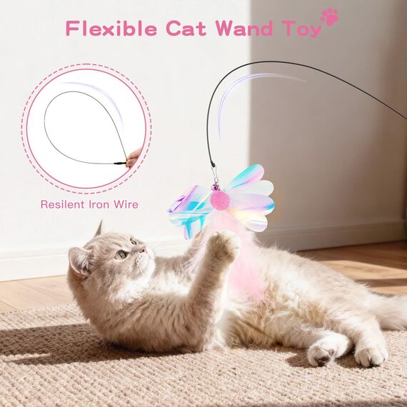 Pawaboo Katzenspielzeug - Interaktives Katzenangel Katze Spielzeug Katzen-Spielstab Katzenspielzeug-Stab mit Federn und 88cm Stab und Glocken für Kätzchen oder Katze, Rosa Schmetterling