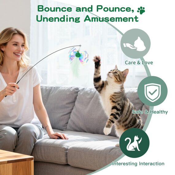 Pawaboo Katzenspielzeug - Interaktives Katzenangel Katze Spielzeug Katzen-Spielstab Katzenspielzeug-Stab mit Federn und 88cm Stab und Glocken für Kätzchen oder Katze, Grün Schmetterling