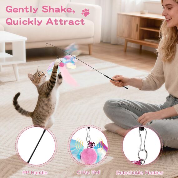 Pawaboo Katzenspielzeug - Interaktives Katzenangel Katze Spielzeug Katzen-Spielstab Katzenspielzeug-Stab mit Federn und 88cm Stab und Glocken für Kätzchen oder Katze, Rosa Schmetterling
