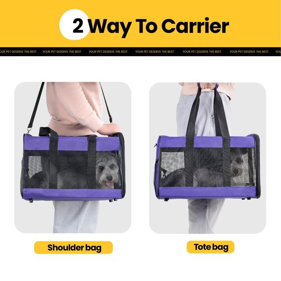 Conlun Katzenboxe Flugzeugtauglich, Weichseitige Hundetransportbox mit Innenleine, Transport für kleine bis mittelgroße Katzen und Welpen bis 7 kg, Zusammenklappbare Reisetasche -Lila,M