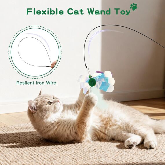 Pawaboo Katzenspielzeug - Interaktives Katzenangel Katze Spielzeug Katzen-Spielstab Katzenspielzeug-Stab mit Federn und 88cm Stab und Glocken für Kätzchen oder Katze, Grün Schmetterling