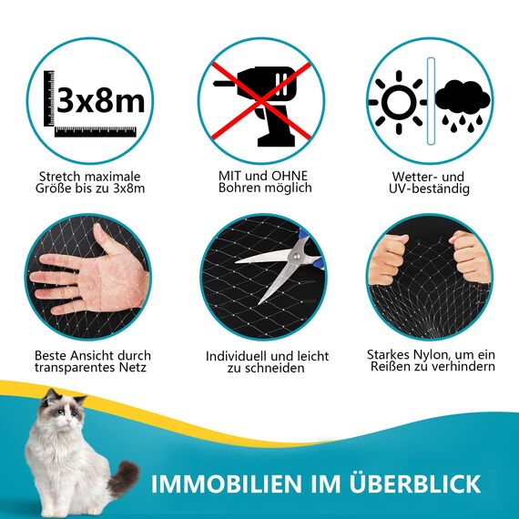 NieKilig Katzennetz für Balkon ohne Bohren, 8x3m Katzengitter Fenster, Transparentes Katzenschutznetz für Katzen zur Sicherung von Balkon, Terrassen, Fenstern, Dachluken, Türen
