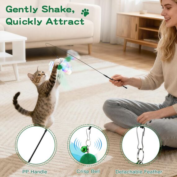 Pawaboo Katzenspielzeug - Interaktives Katzenangel Katze Spielzeug Katzen-Spielstab Katzenspielzeug-Stab mit Federn und 88cm Stab und Glocken für Kätzchen oder Katze, Grün Schmetterling