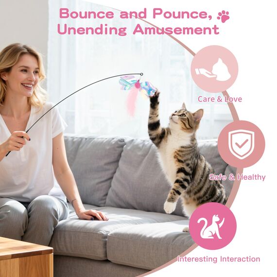 Pawaboo Katzenspielzeug - Interaktives Katzenangel Katze Spielzeug Katzen-Spielstab Katzenspielzeug-Stab mit Federn und 88cm Stab und Glocken für Kätzchen oder Katze, Rosa Schmetterling