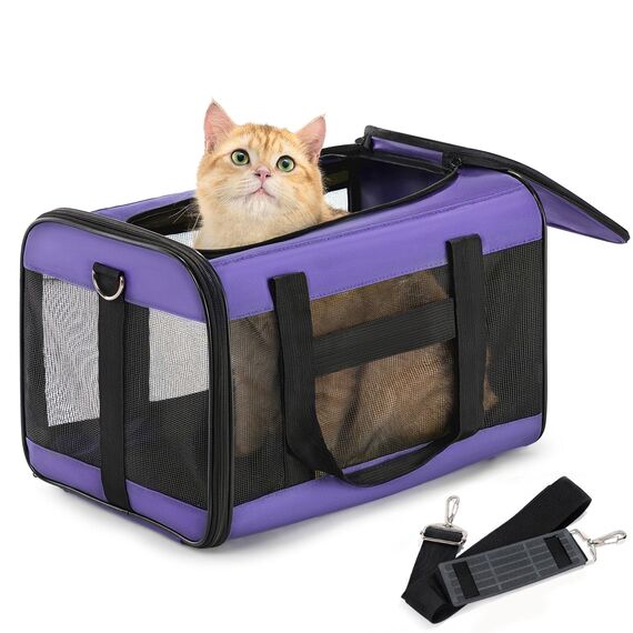 Conlun Katzenboxe Flugzeugtauglich, Weichseitige Hundetransportbox mit Innenleine, Transport für kleine bis mittelgroße Katzen und Welpen bis 7 kg, Zusammenklappbare Reisetasche -Lila,M