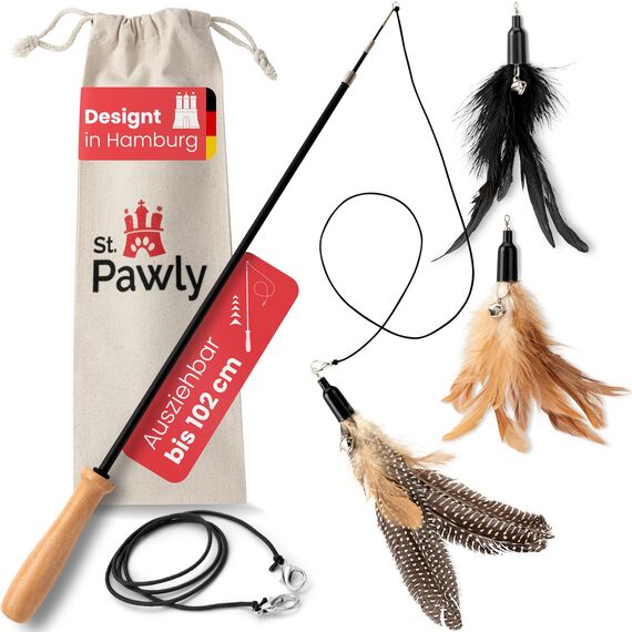 St.Pawly® Katzenangel - Katzenspielzeug - austauschbare Anhänger - Ersatzband - ergonomischer Holzgriff - nachhaltiges Spielzeug für Katzen - stabil