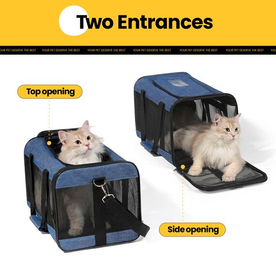 Conlun Katzenboxe Flugzeugtauglich, Weichseitige Hundetransportbox mit Innenleine, Transport für kleine bis mittelgroße Katzen und Welpen bis 7 kg, Zusammenklappbare Reisetasche -Blau,M