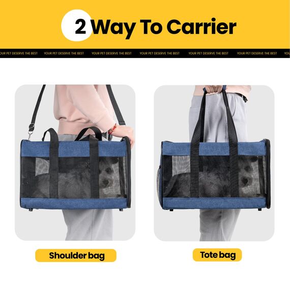 Conlun Hundetransportbox Weichseitig, Große Tasche für Katzen mit Innenleine, Transport für große Katzen und mittelgroße Hunde bis 9 kg, Zusammenklappbare Reisetasche für Welpen -Blau,L