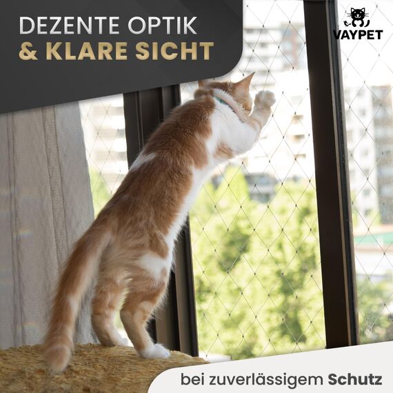 VAYPET® Katzennetz für Balkon ohne Bohren inkl. Klebehaken & Silikonkleber I Robustes Katzennetz drahtverstärkt & wetterfest I Einfach mit dem Katzennetz Balkon, Fenster & Terrasse sichern (4x3m)